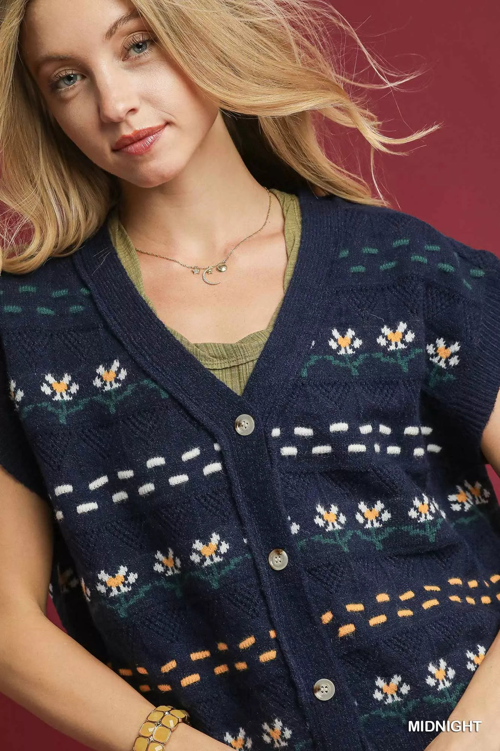 Umgee Button-Down Knit Vest with Floral Pattern