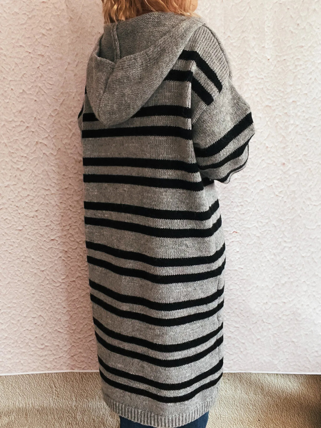 Striped Open Front Hooded Cardigan