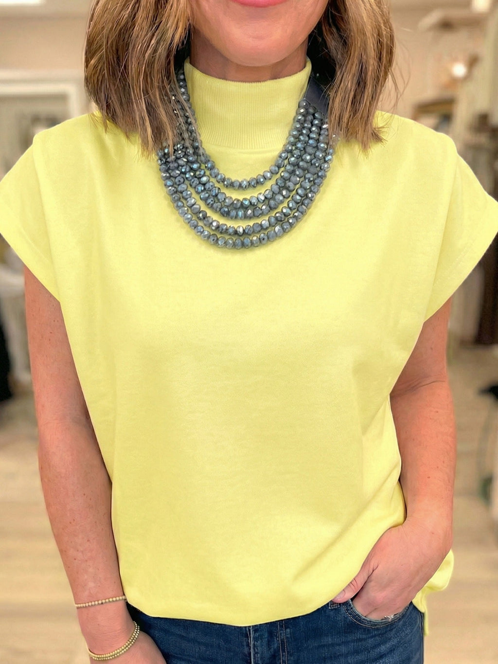 Mock Neck Cap Sleeve Blouse