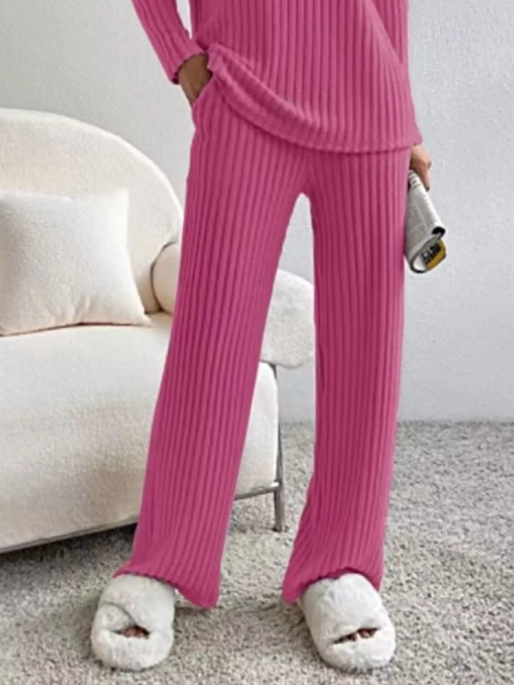 Ribbed Knit V-Neck Top and Pants Set