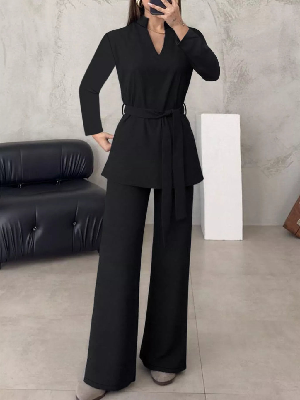 Tie-Waist Long Sleeve Top and Pants Set