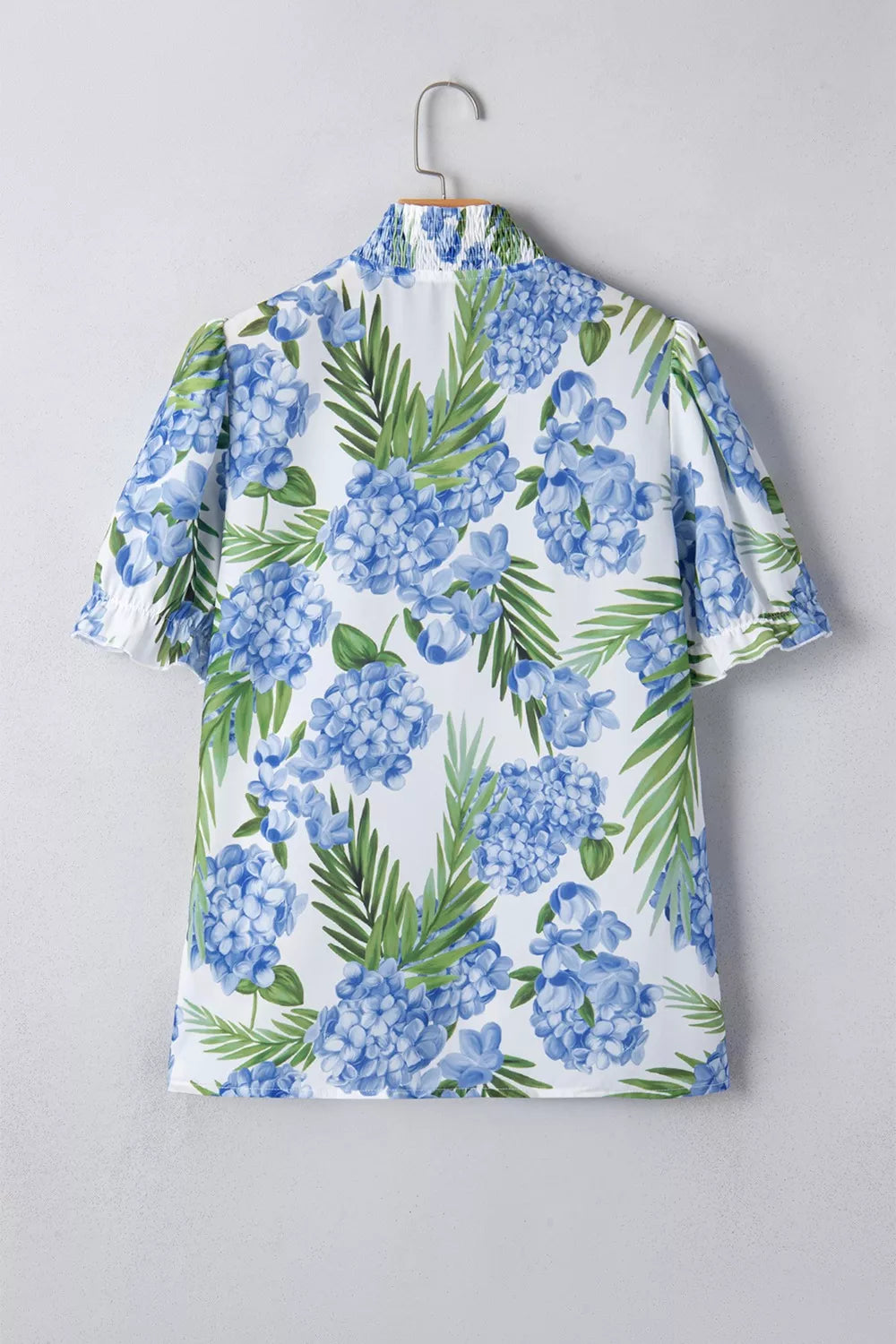 Palm Floral Print Striped Patchwork V Neck Short Sleeve Blouse