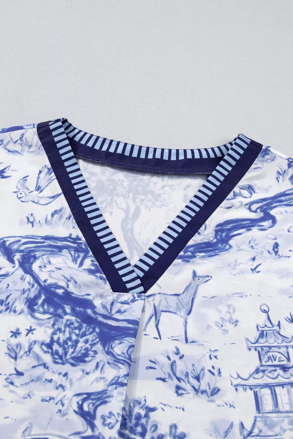 Printed Striped Trim V-Neck Blouse