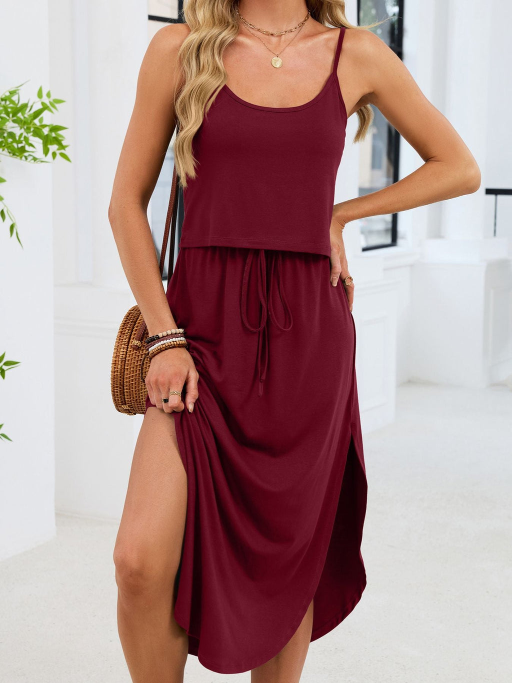Scoop Neck Drawstring Waist Dress