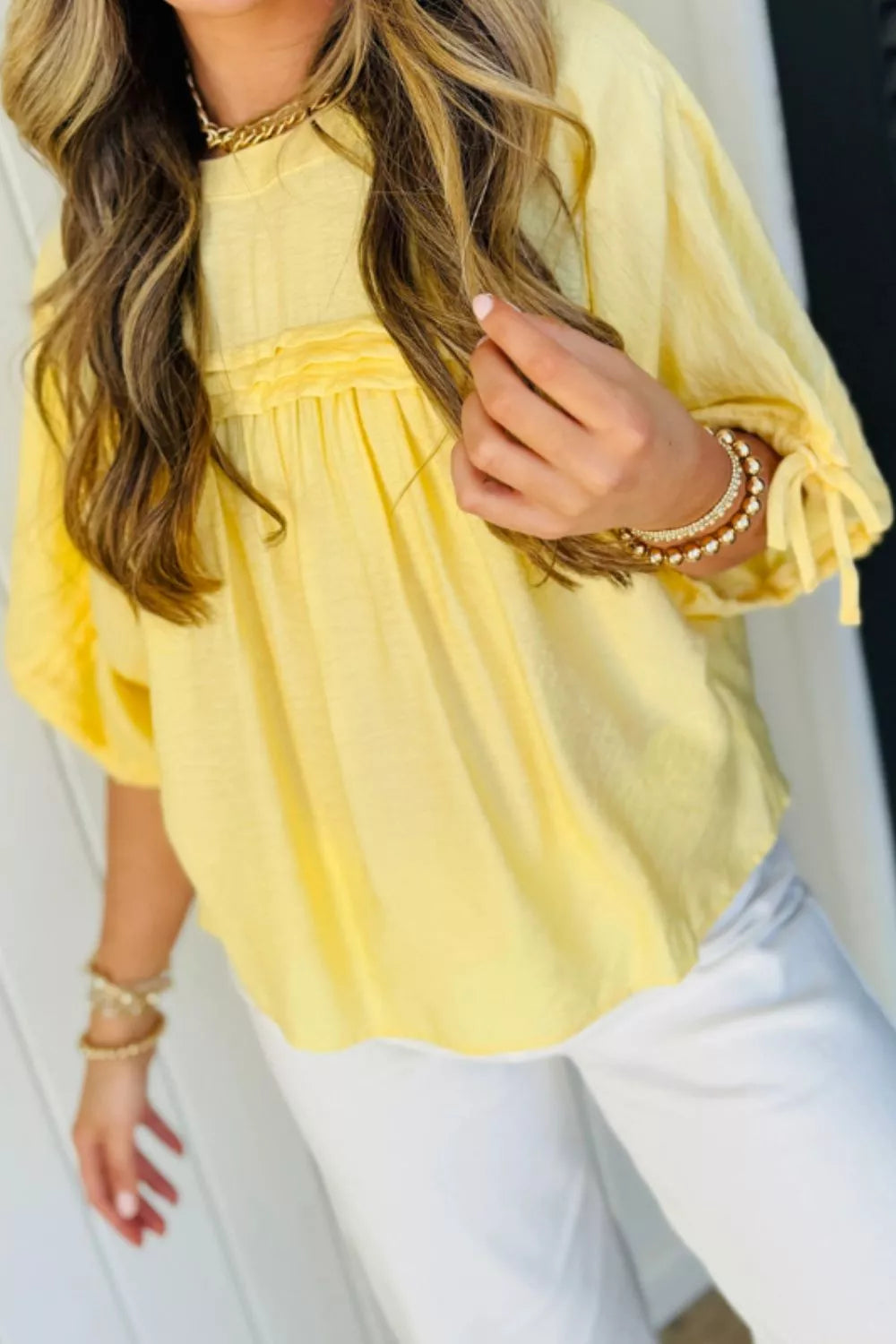 Tie Half Sleeve Pleated Detail Babydoll Blouse
