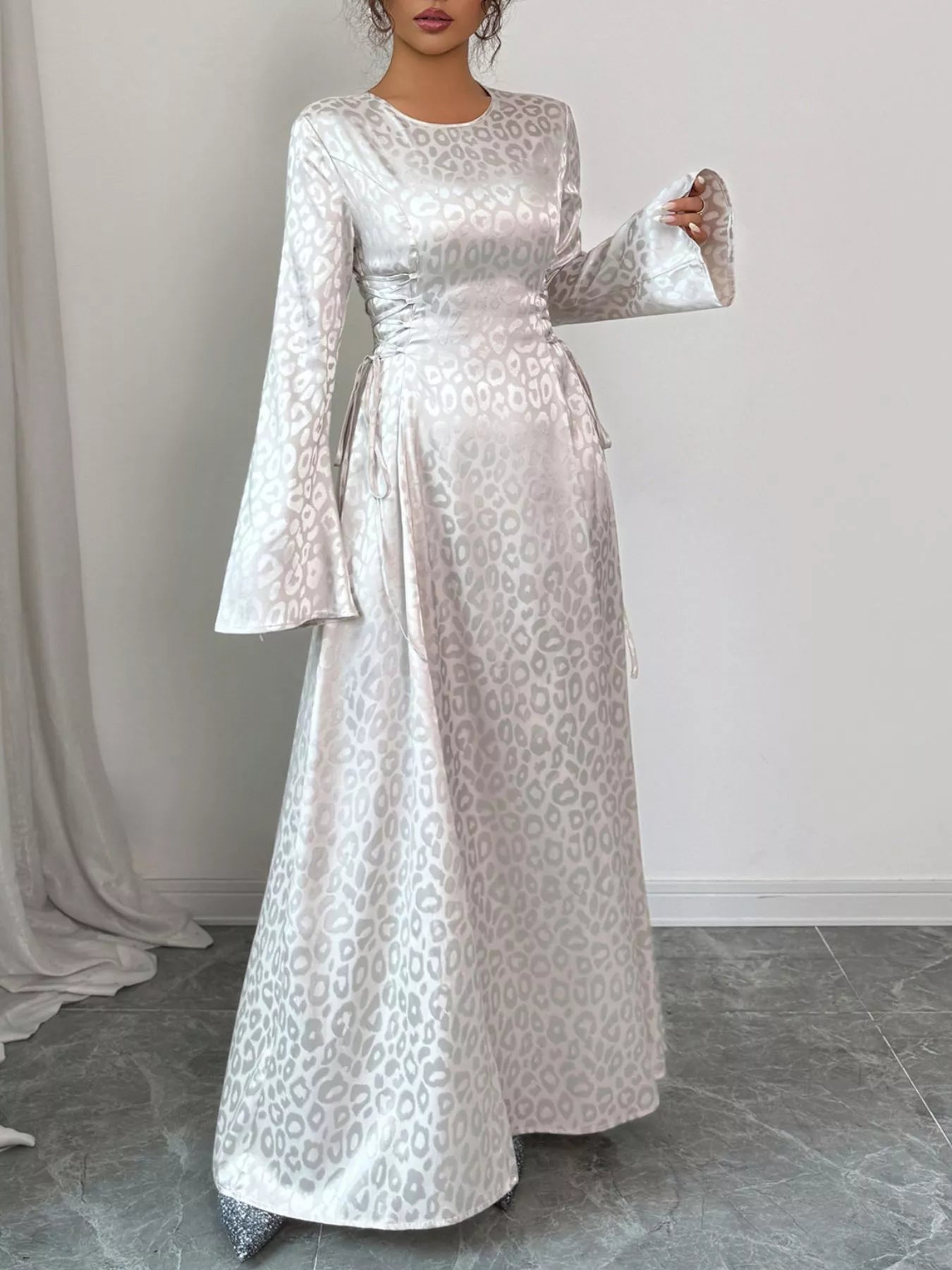 Leopard Lace Up Long Sleeve Maxi Dress