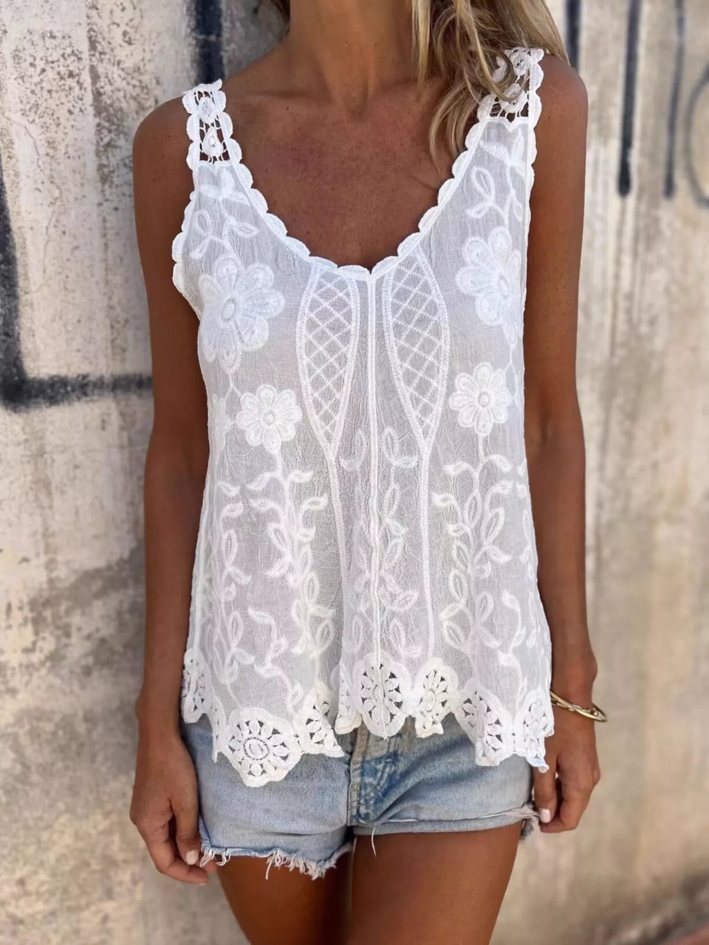 Floral Lace Crochet Trim Tank