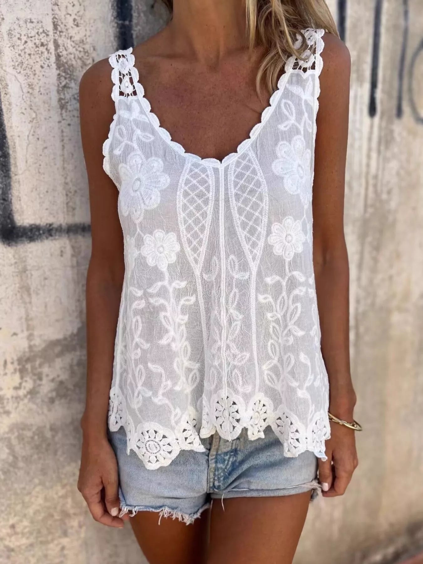 Floral Lace Crochet Trim Tank
