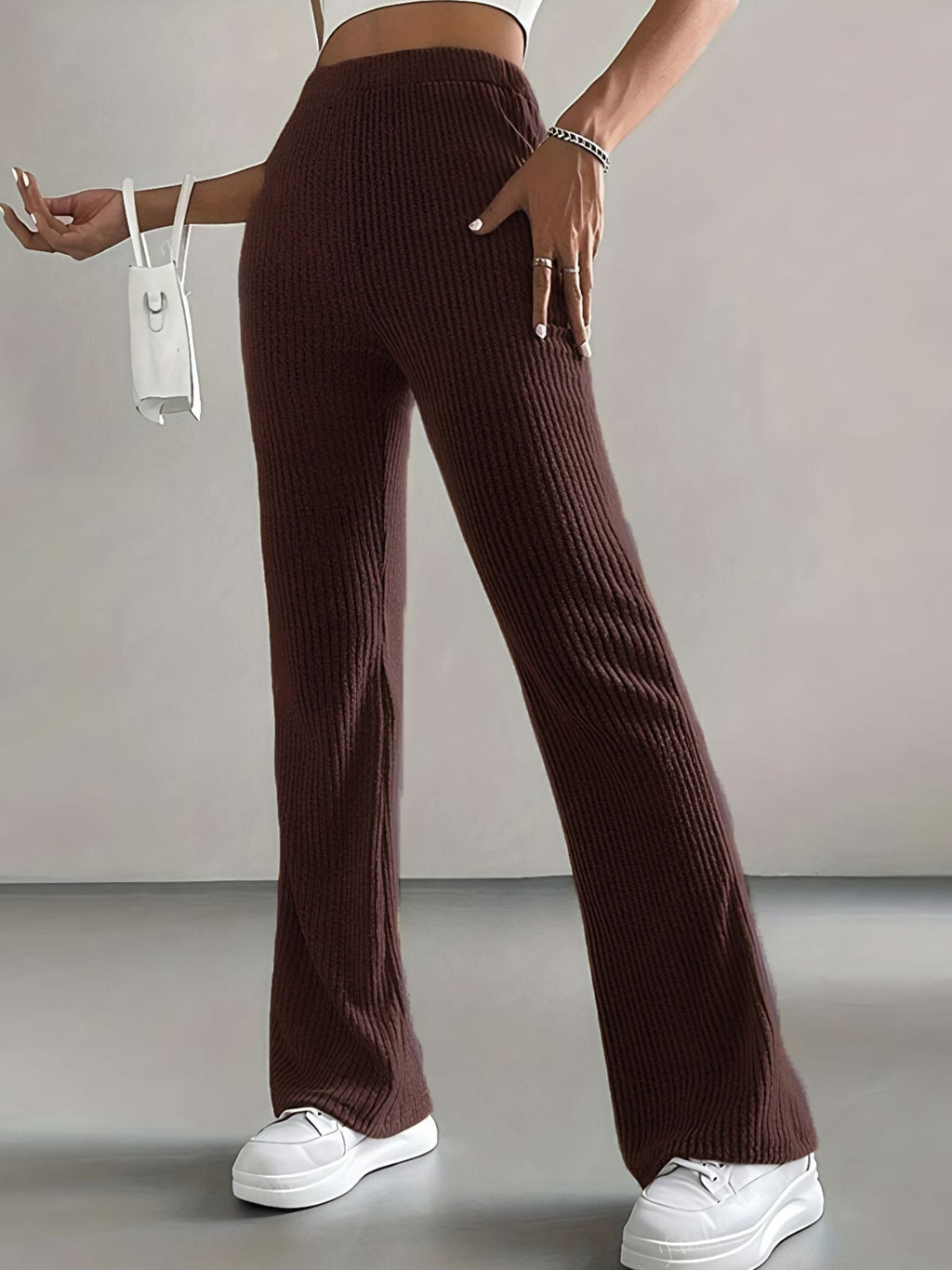 Ribbed Knit High Waist Flare Pants