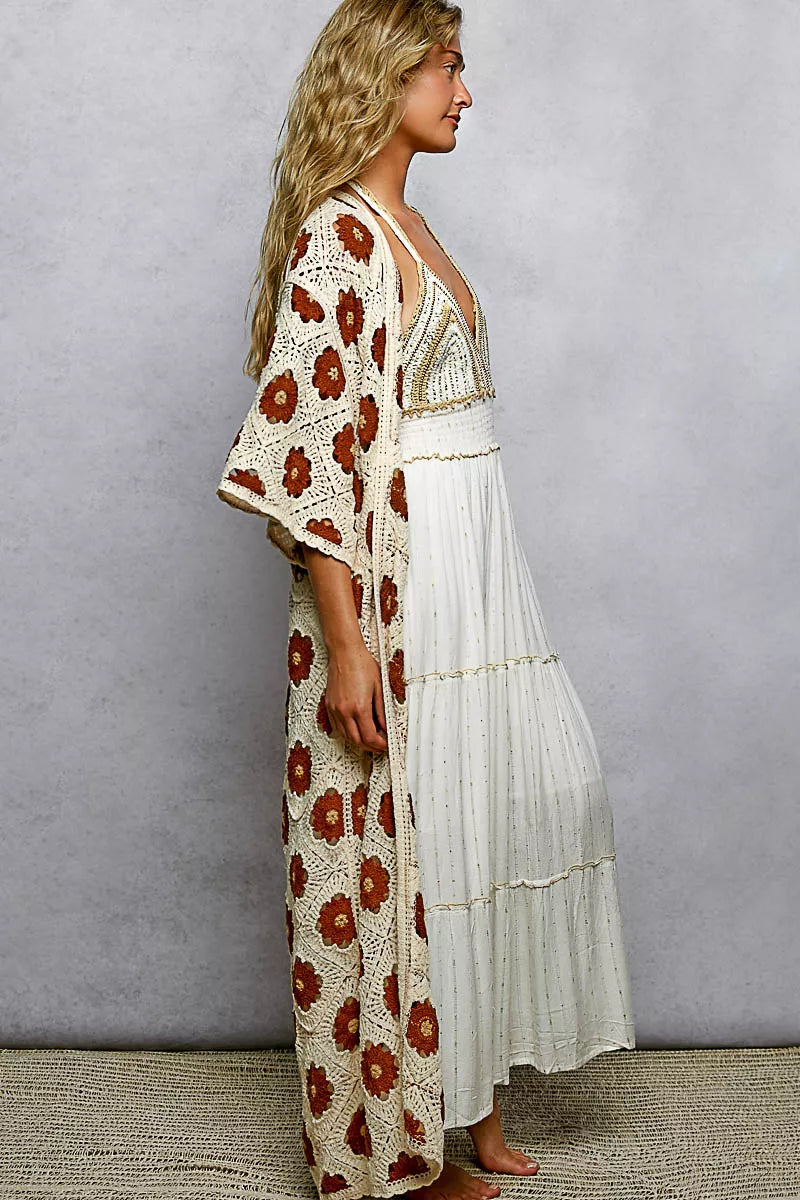 POL Open Front Floral Crochet Longline Cardigan