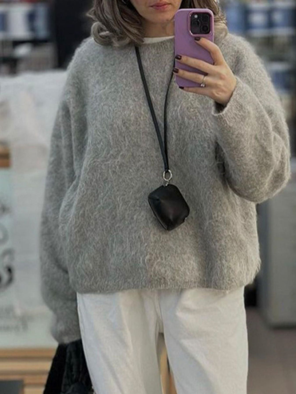 Fuzzy Round Neck Long Sleeve Sweater