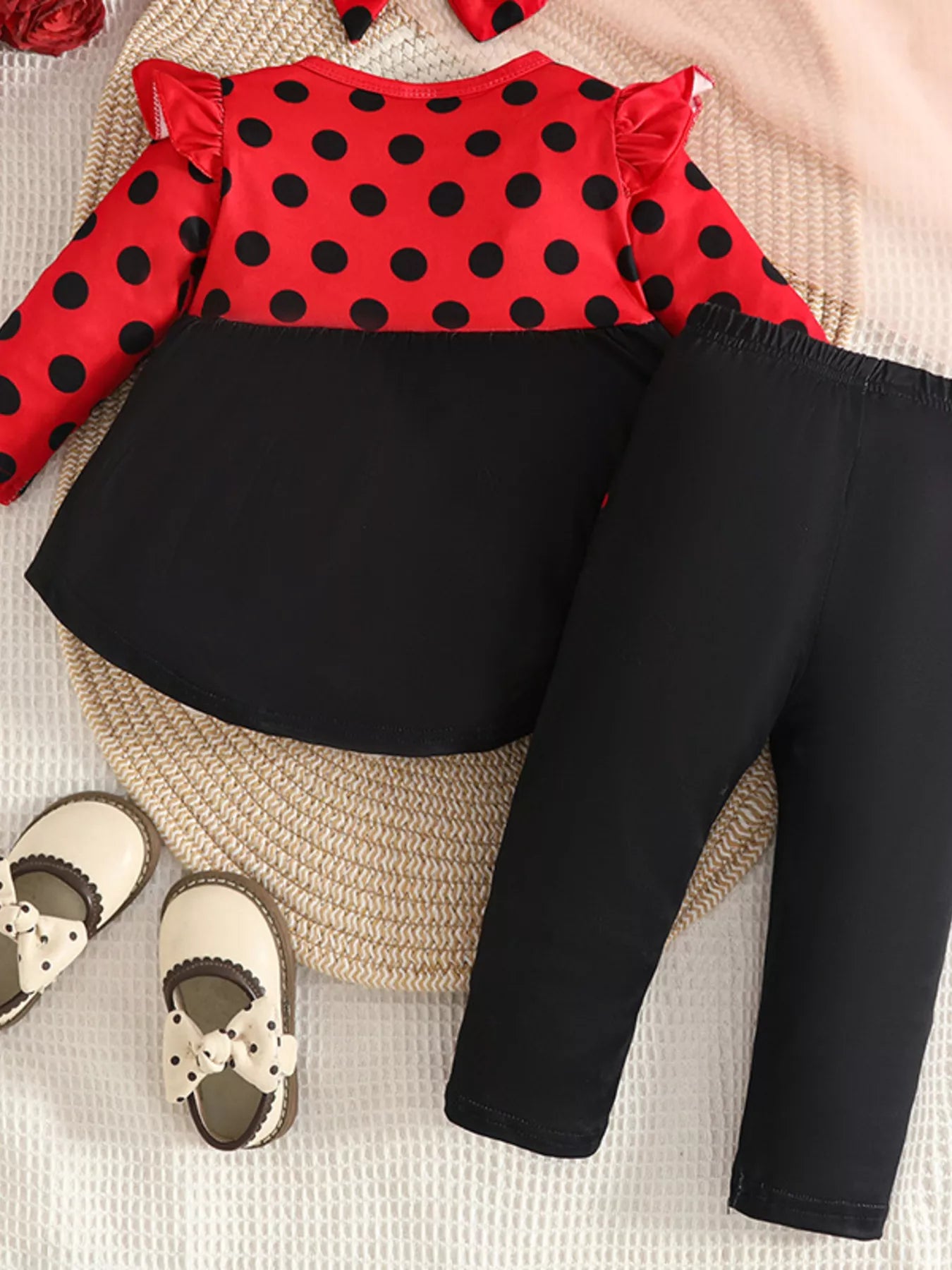 Children's Ladybug Polka Dot Ruffle Trim Top and Pants Set with Headband