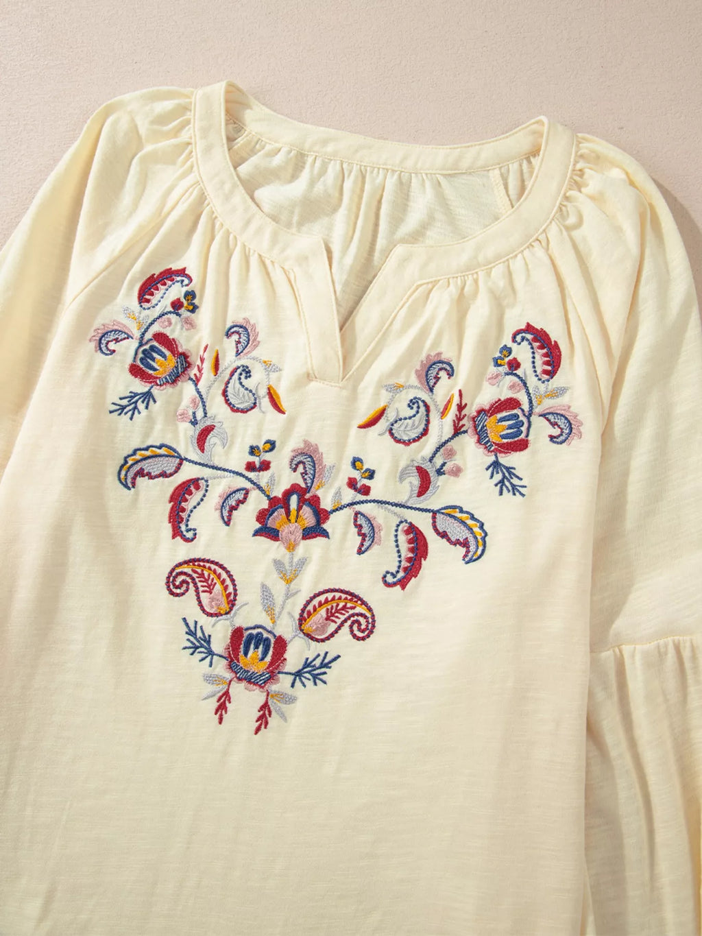 Embroidered Notched Balloon Sleeve Blouse
