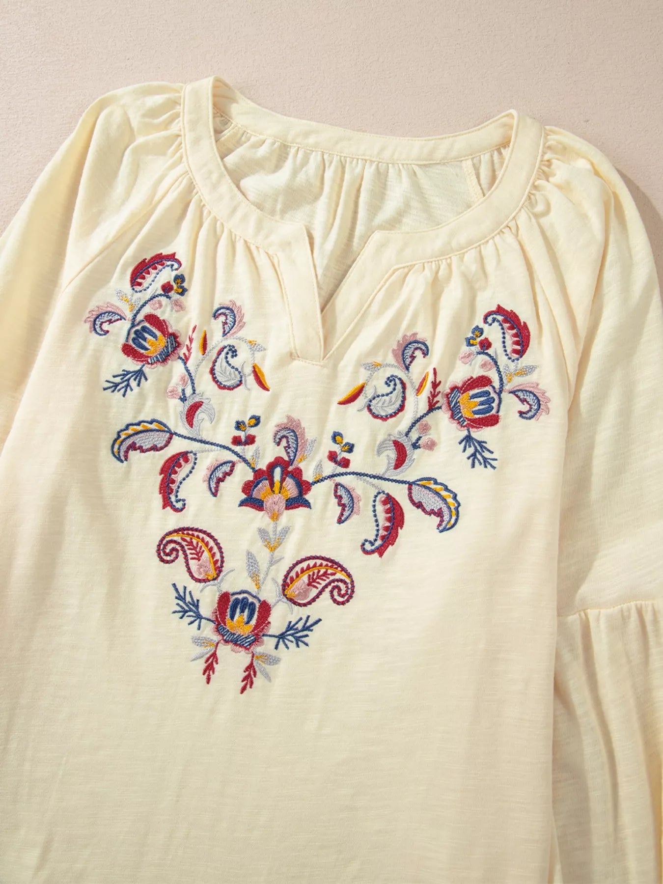 Embroidered Notched Balloon Sleeve Blouse