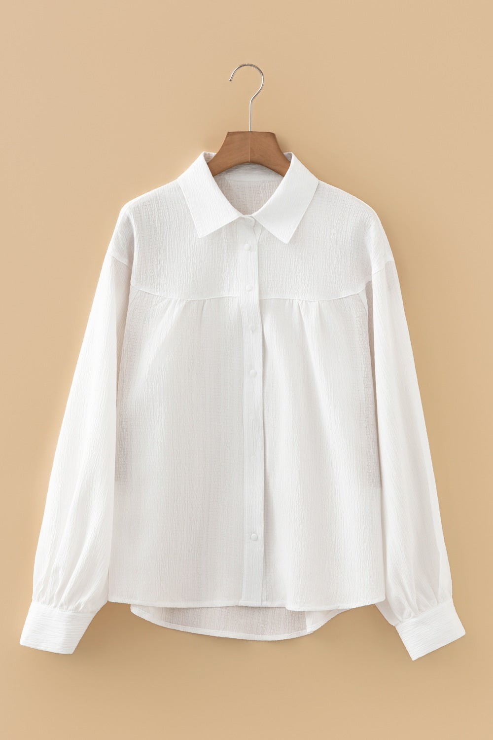 Crinkled Texture Lantern Sleeve Button Down Loose Shirt