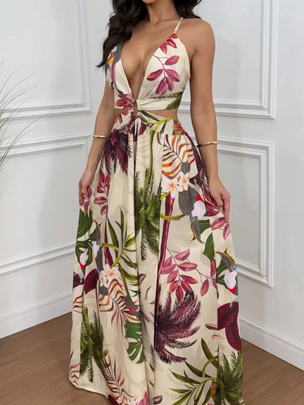Tropical Print Plunge Cutout Slit Maxi Dress