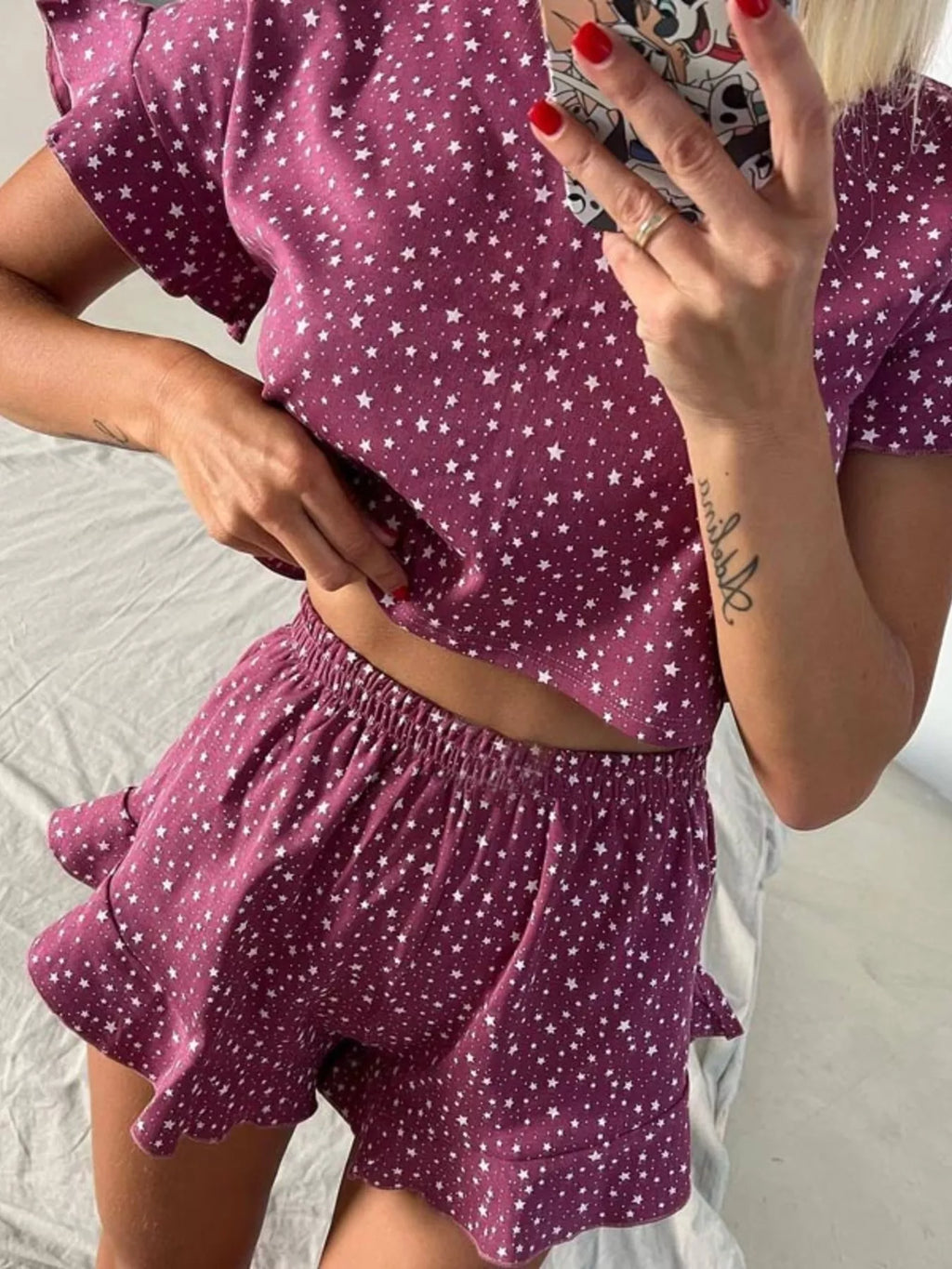 Printed Crop Top and Ruffled Shorts Lounge Set