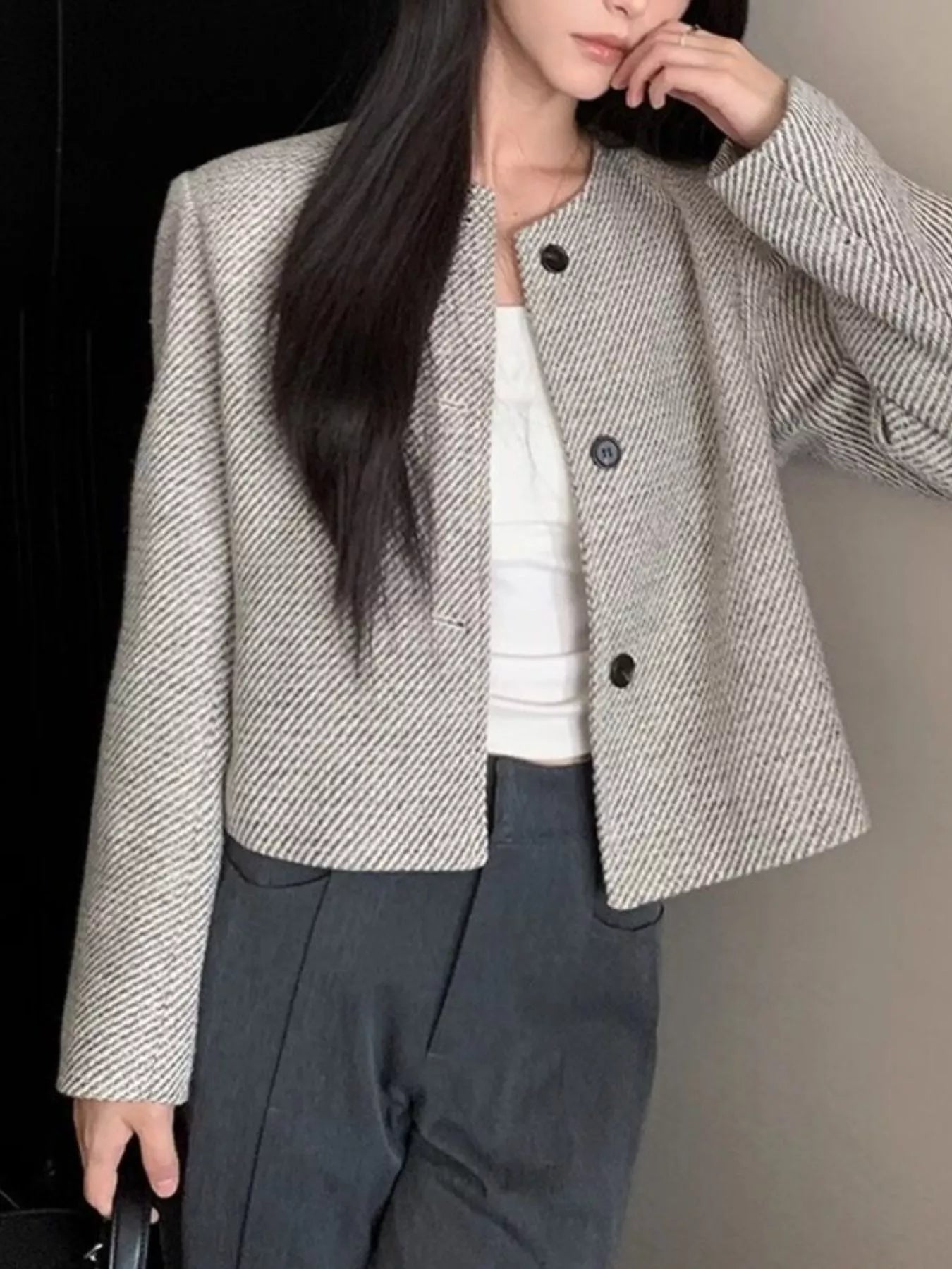 Button Up Tweed Cropped Jacket