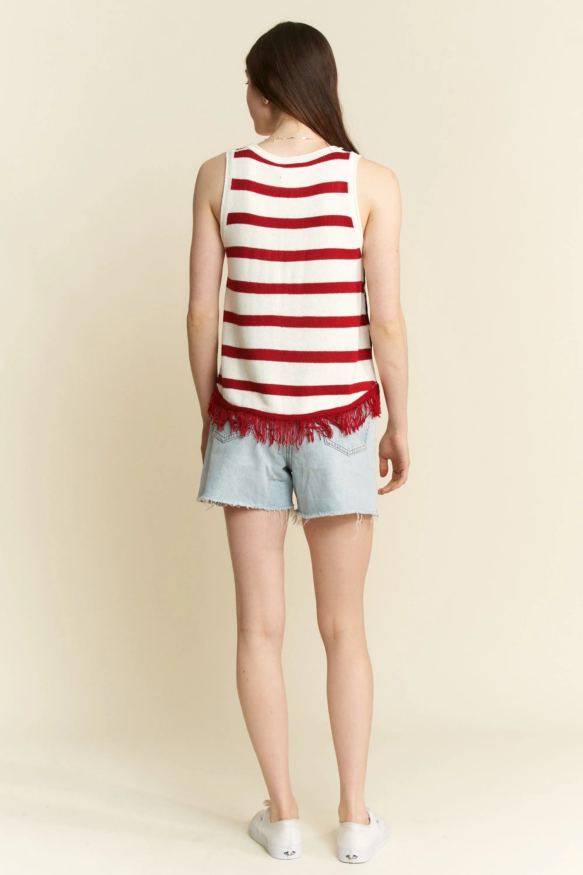 Jade By Jane Full Size American Flag Fringe Tank Top Plus Size
