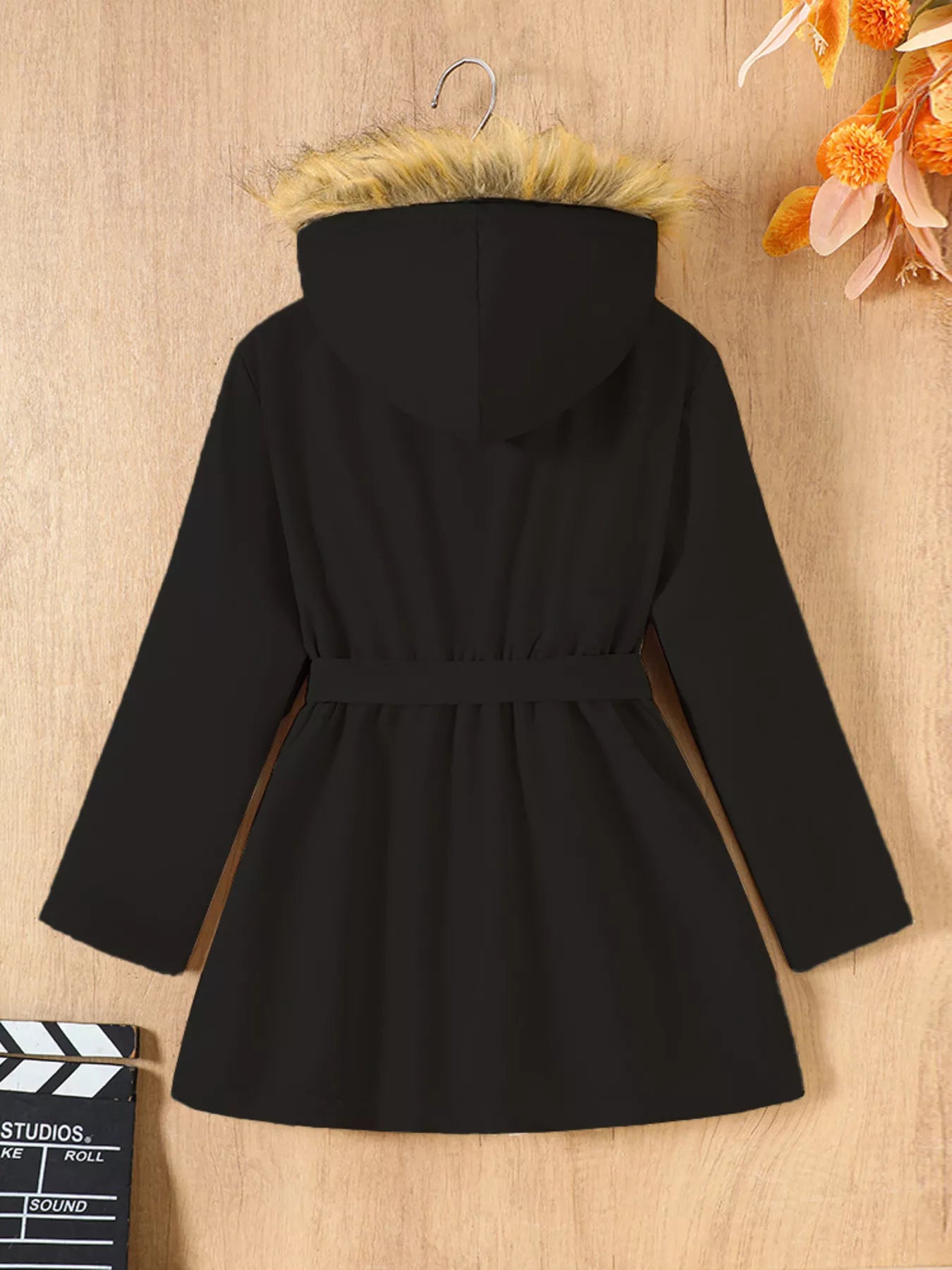 Children's Tie Waist Faux Fur Hooded Outerwear
