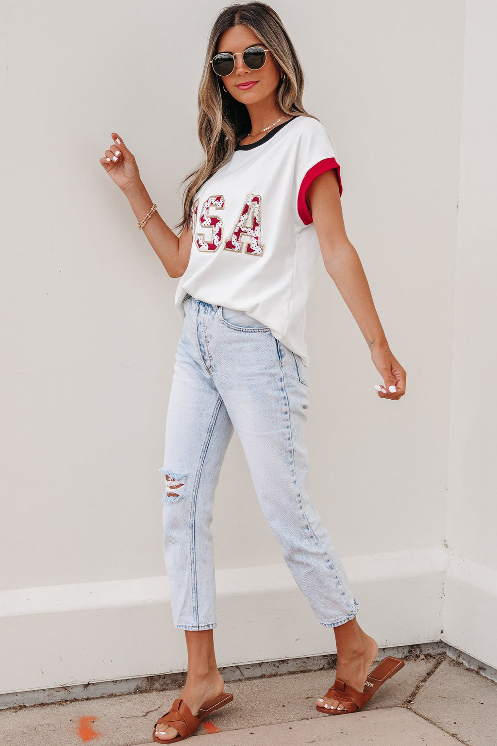 Sequin Star USA Patch Colorblock Trim T-Shirt
