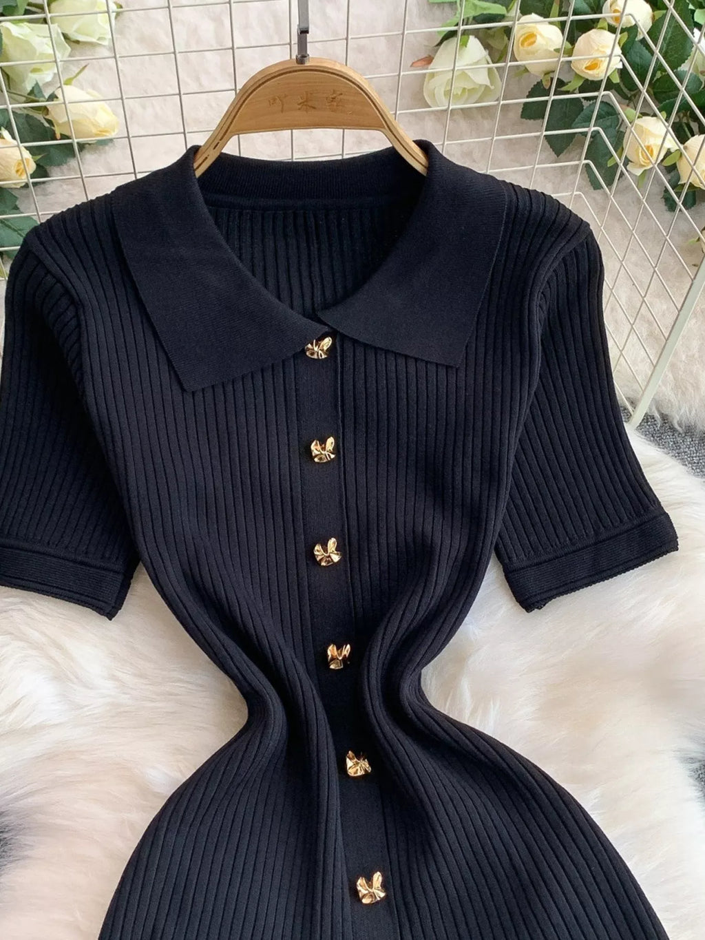 Button Front Ribbed Knit Midi Dress