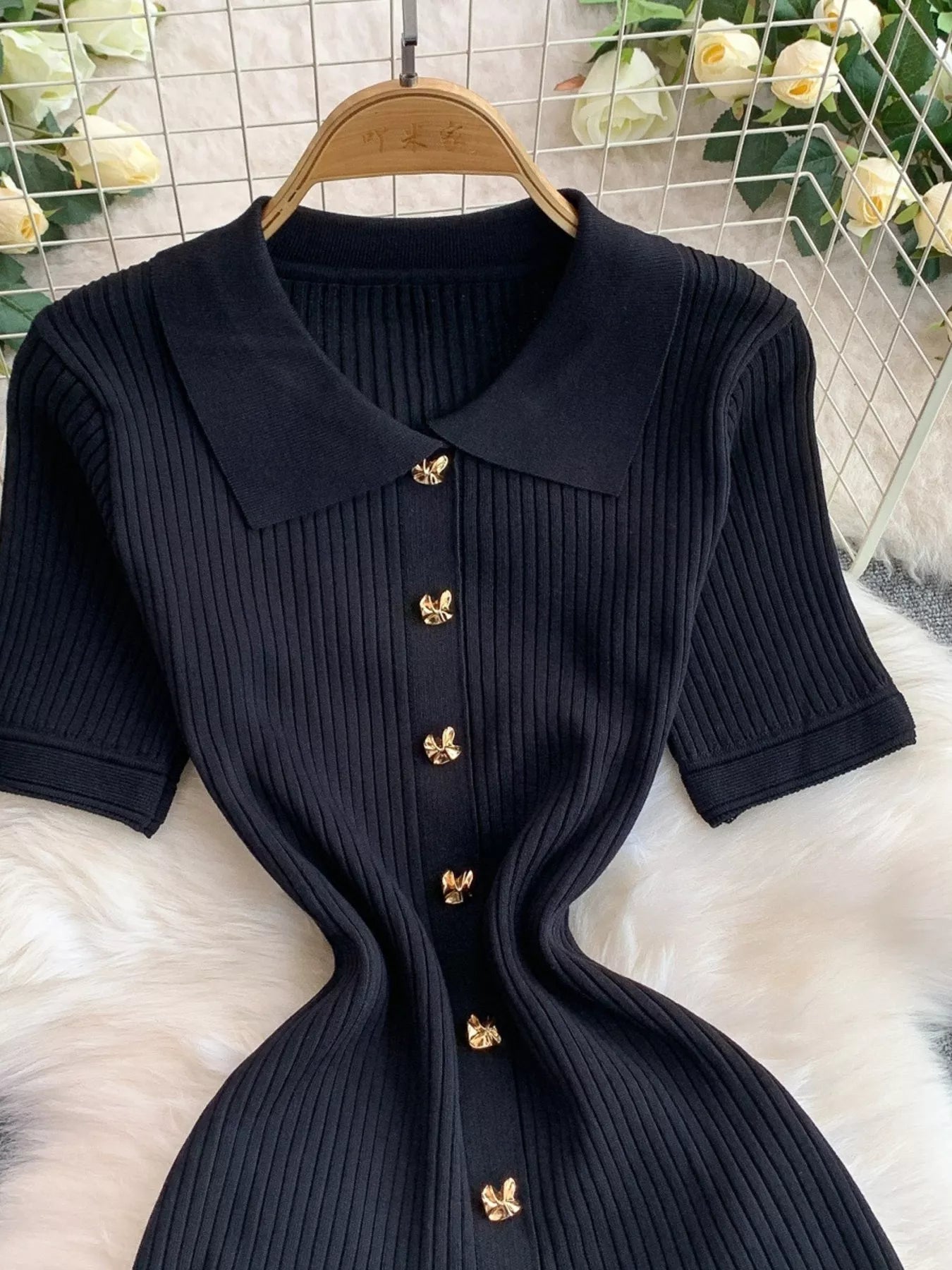 Button Front Ribbed Knit Midi Dress