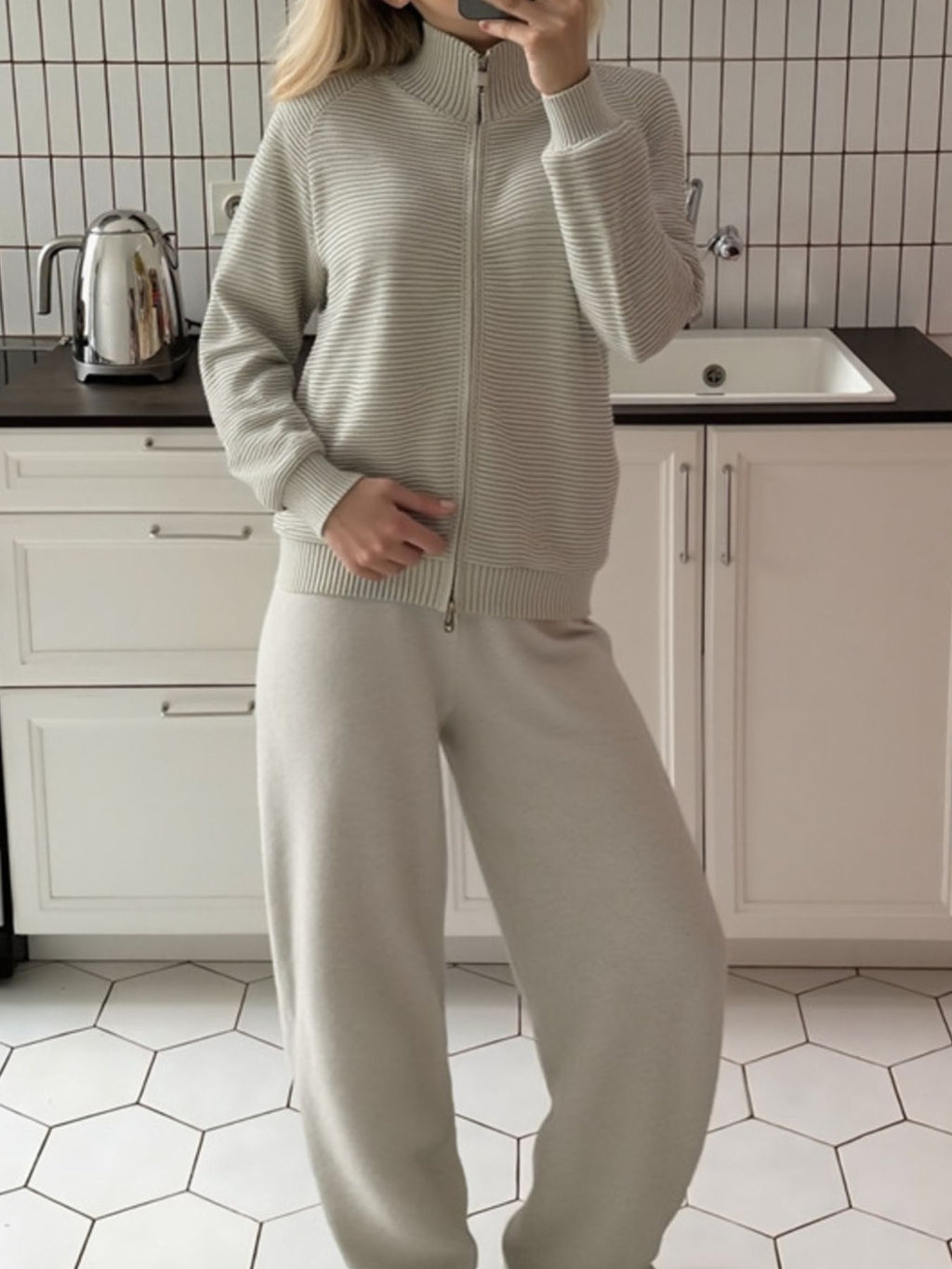 Casual Knit Zip-Up Cardigan and Wide-Leg Pants Set
