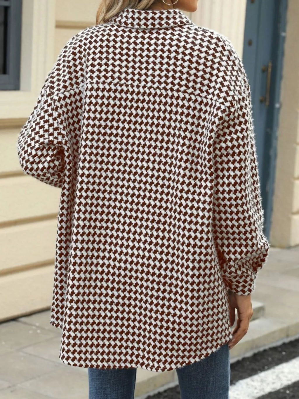 Houndstooth Button Up Long Sleeve Coat