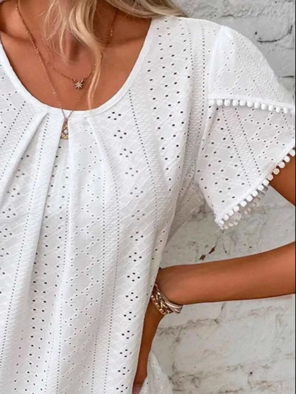 Eyelet Petal Sleeve Top with Pom Pom Trim