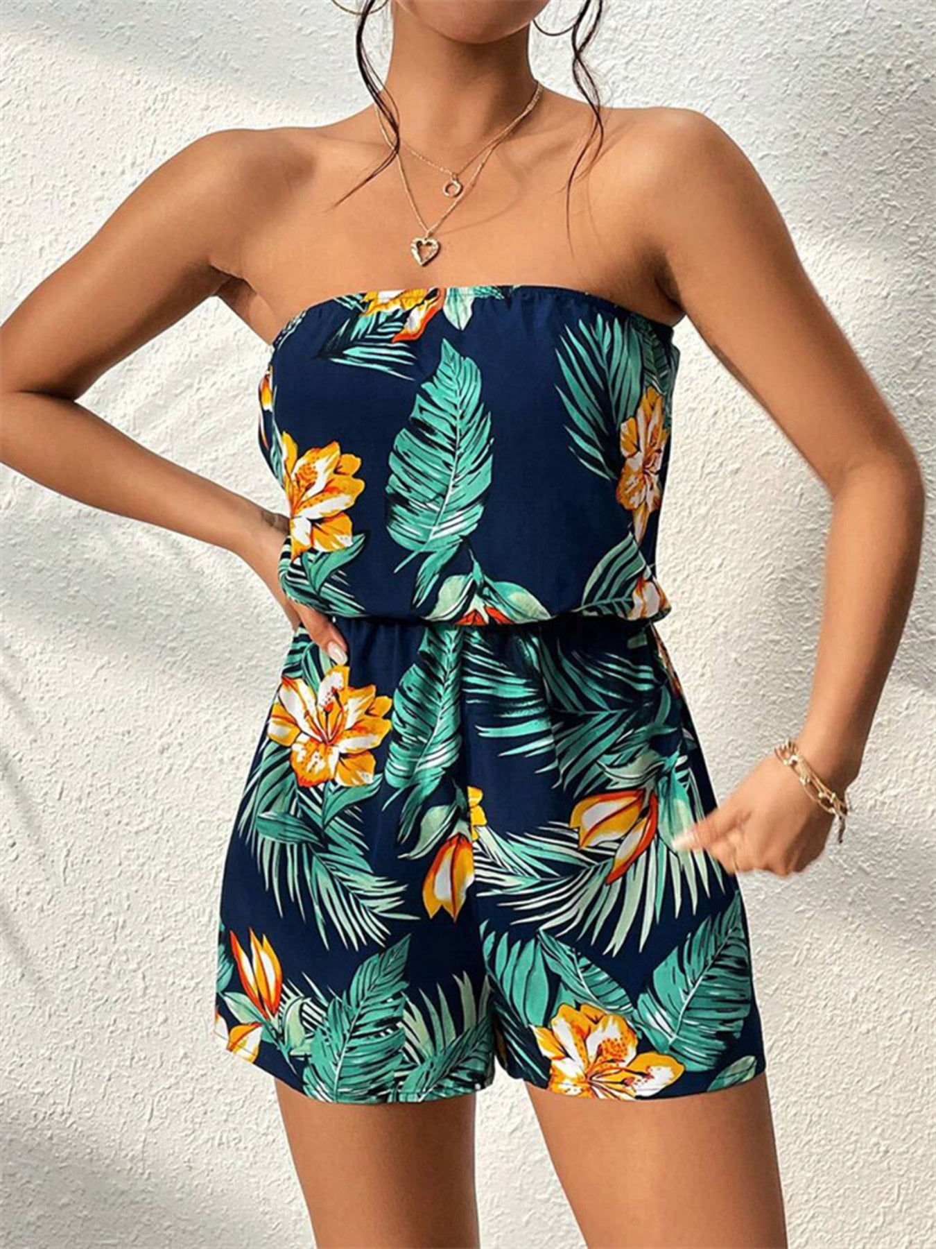Tropical Print Strapless Elastic Waist Romper