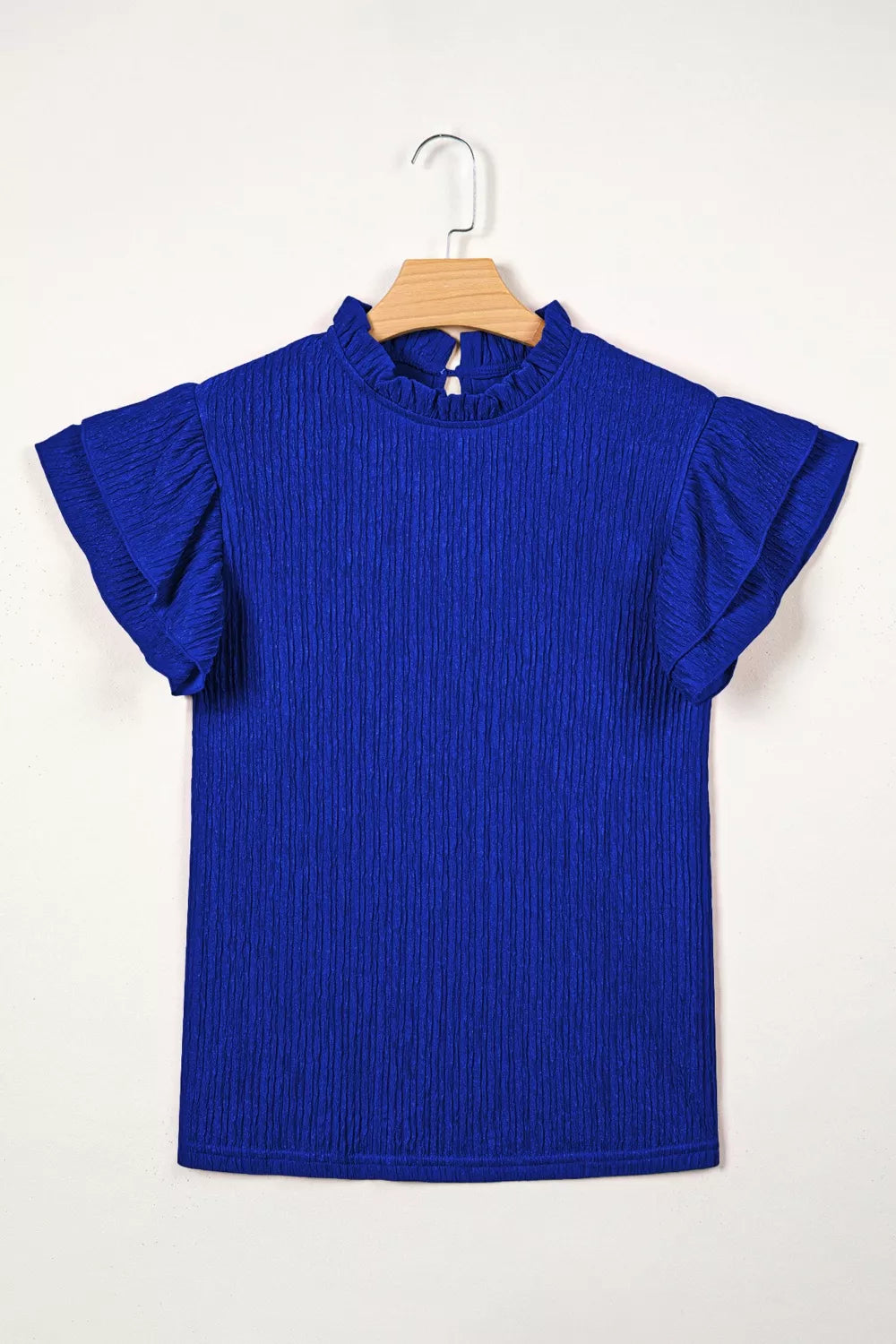 Solid Color Textured Ruffle Trim Short Sleeve Blouse