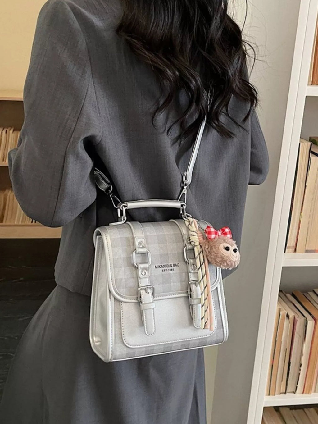 Plaid Backpack Bag with Charm