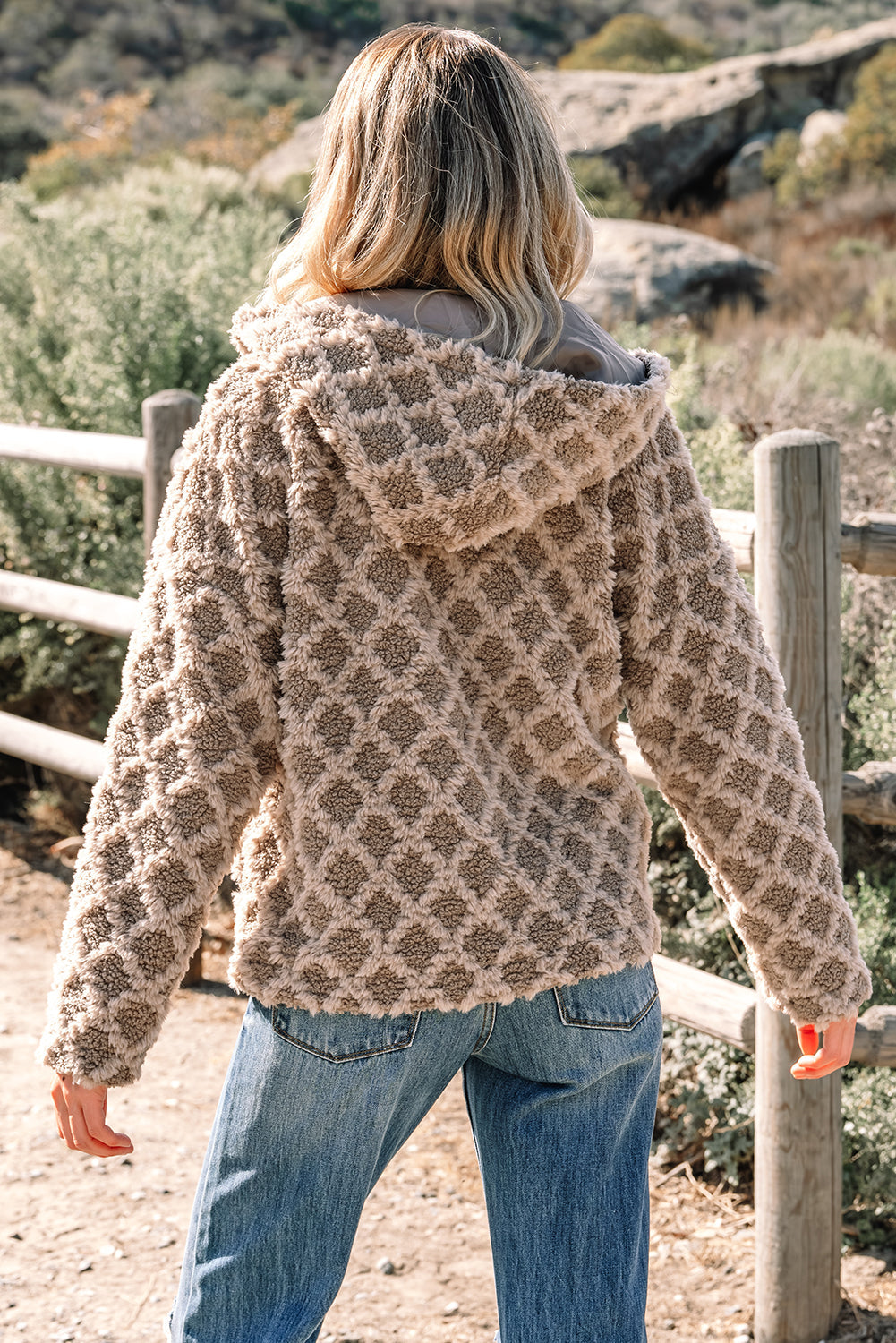 Sherpa Rhombus Textured Zip Up Hooded Jacket