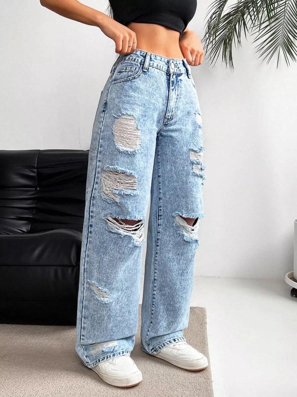 Distressed Wide-Leg Jeans