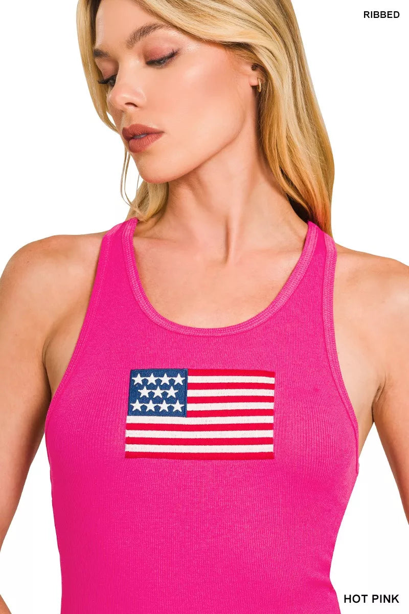 Zenana American Flag Embroidery Stretchy Ribbed Tank