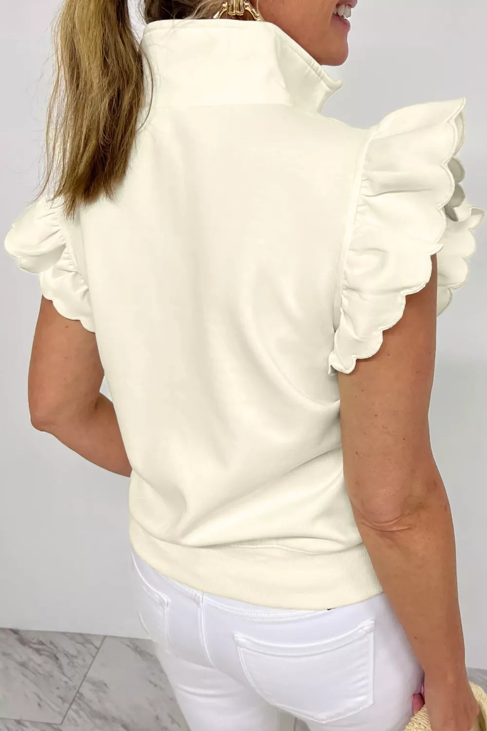 Zipped up Collared Ruffled Short Sleeve Blouse