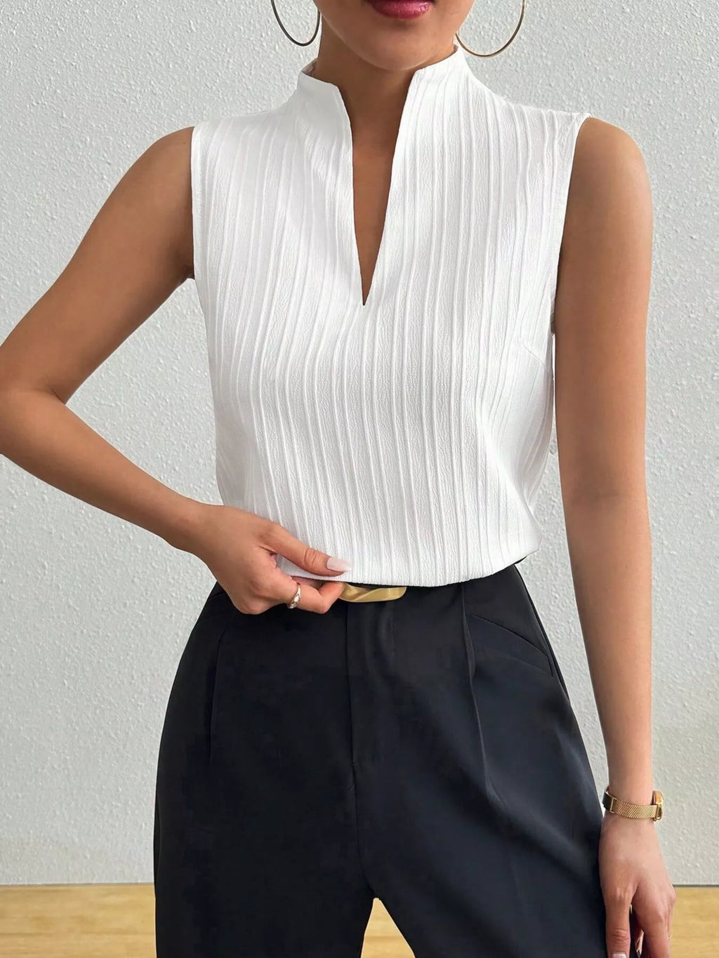Texture Notched Sleeveless Top