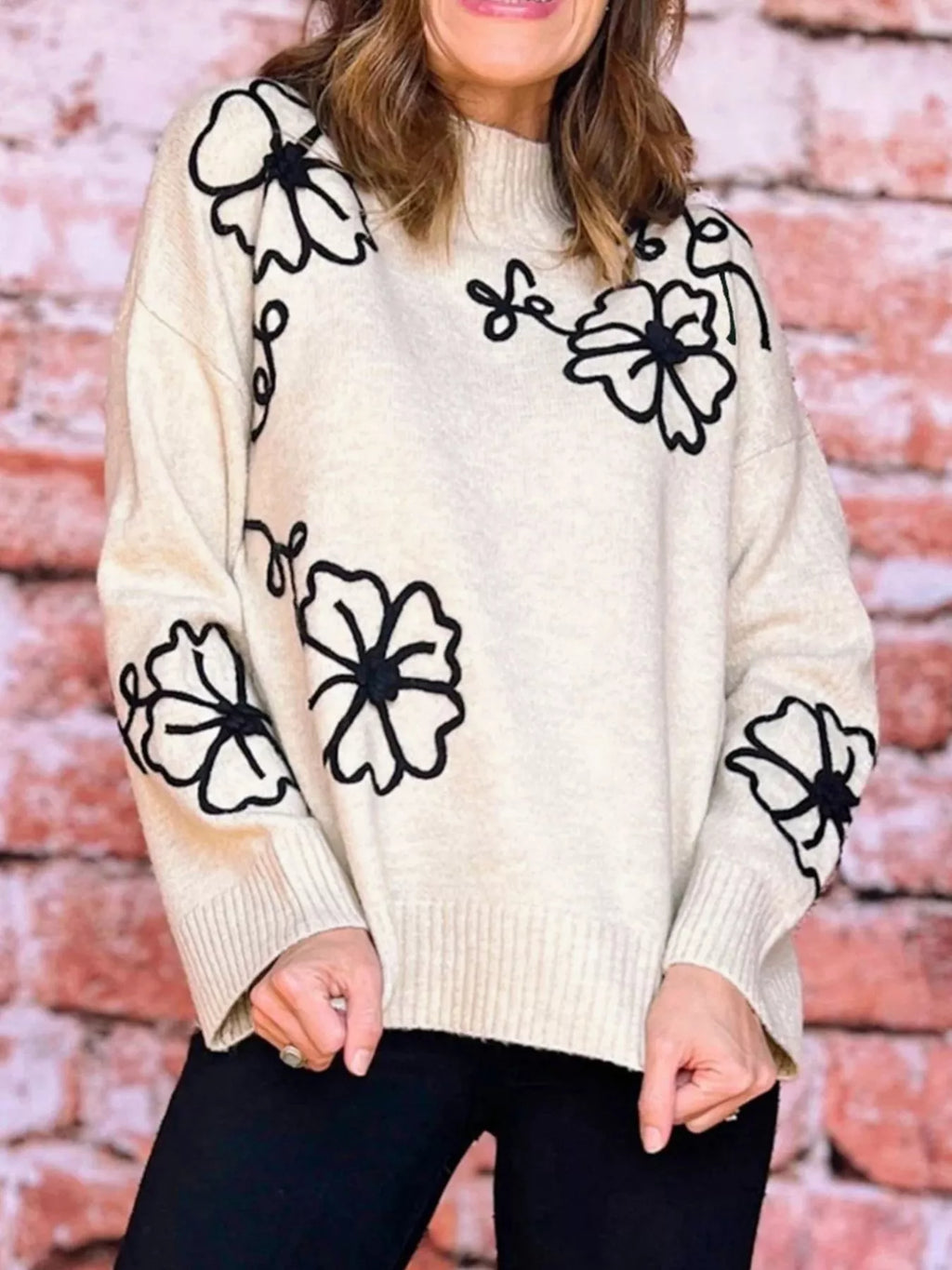 Flower Stitching Mock Neck Sweater
