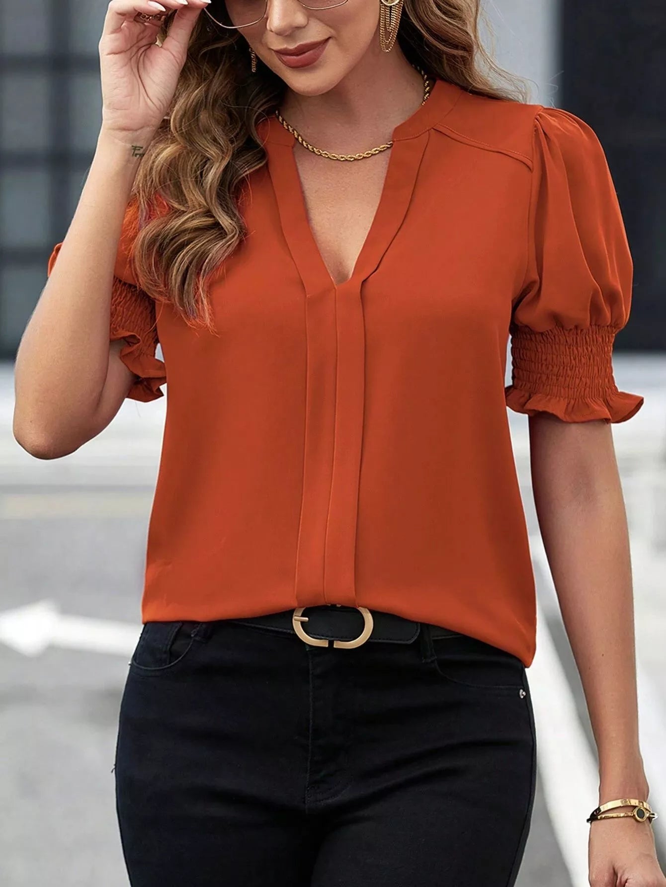Notched Half Sleeve Blouse