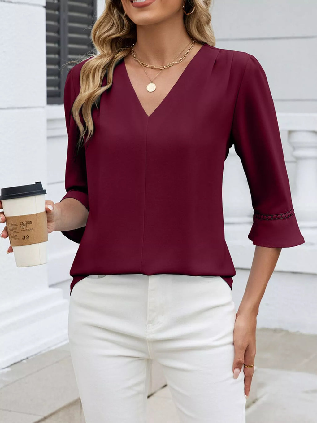 V-Neck 3/4 Sleeve Blouse