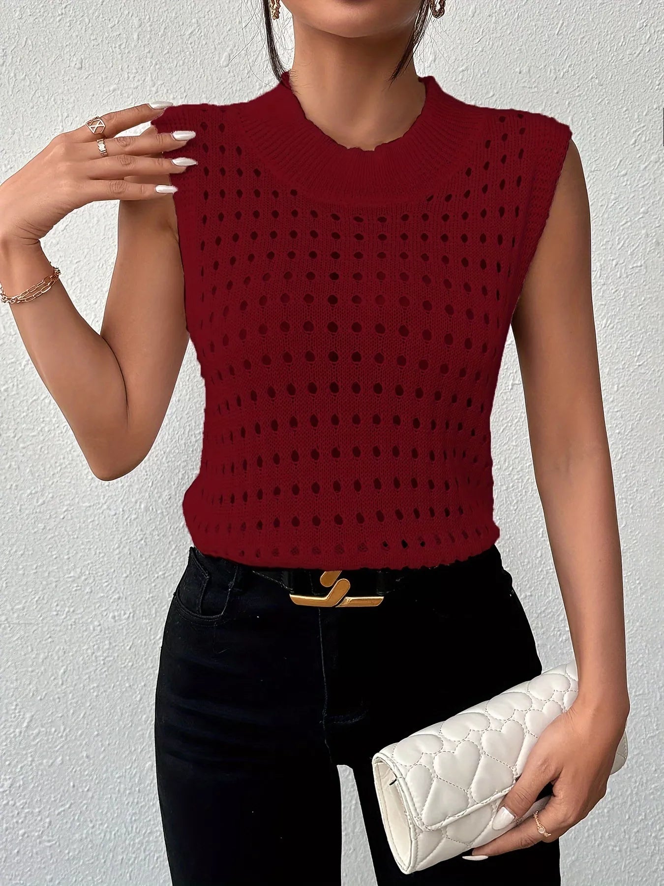 Hollow Out Round Neck Knit Tank