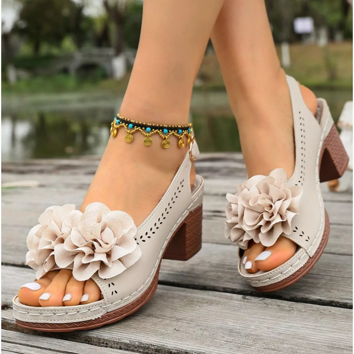 Floral Decor Chunky Heel Sandals