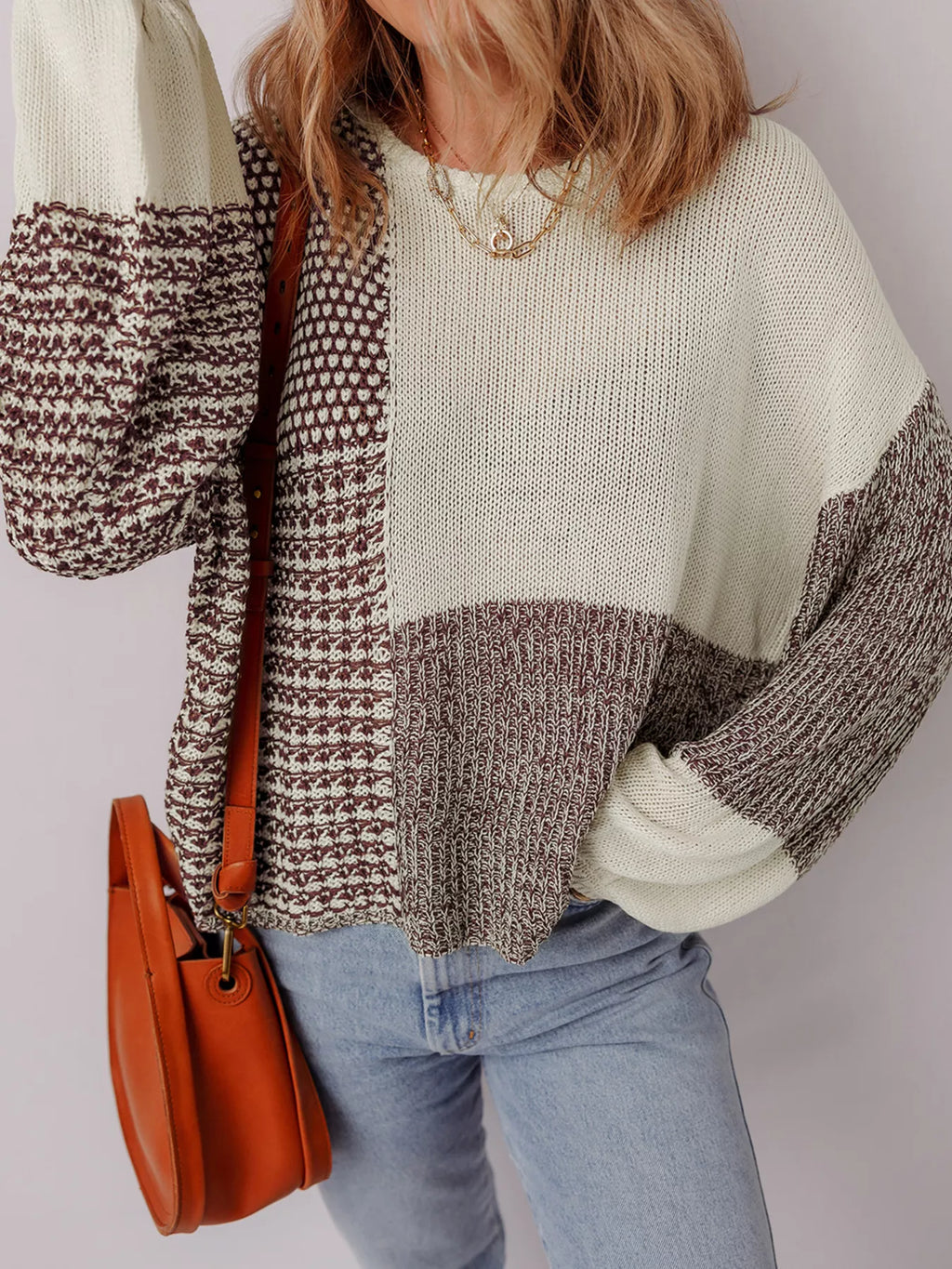 Color Block Back Tie Drop Shoulder Loose Sweater