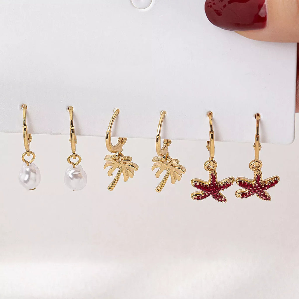 3-Pair 18K Gold-Plated Alloy Drop Earrings