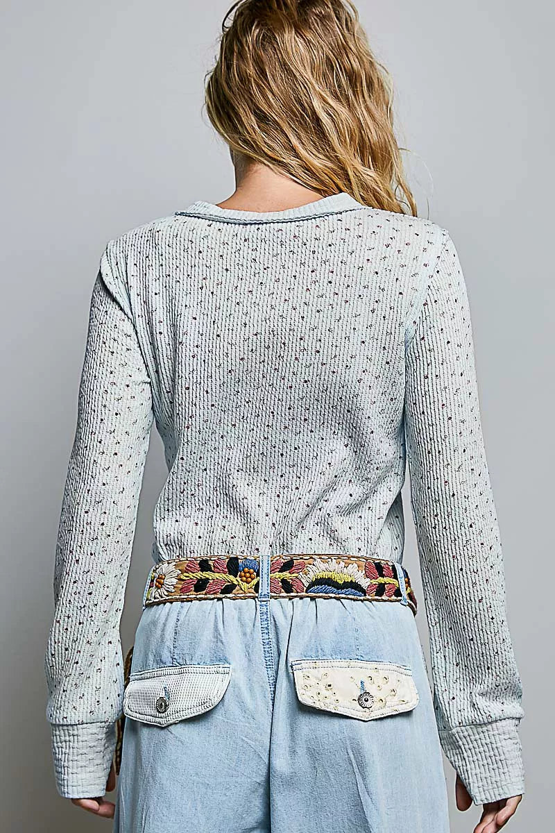 POL Ribbed Knit Floral Crew Neck Long Sleeve Top
