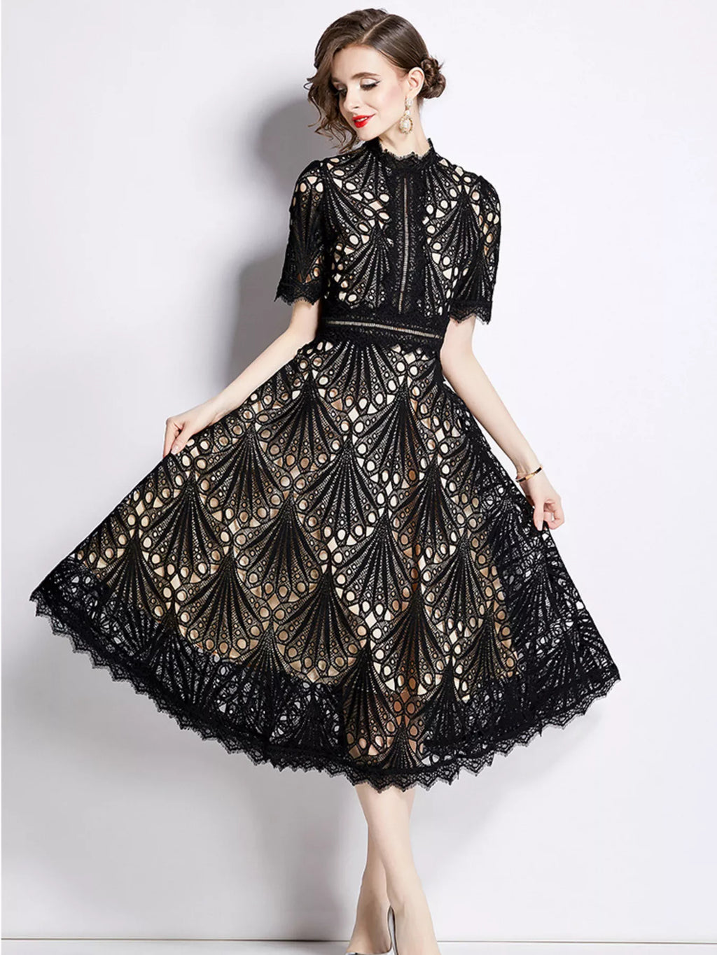 Full Size Lace Short Sleeve Midi Dress Plus Size