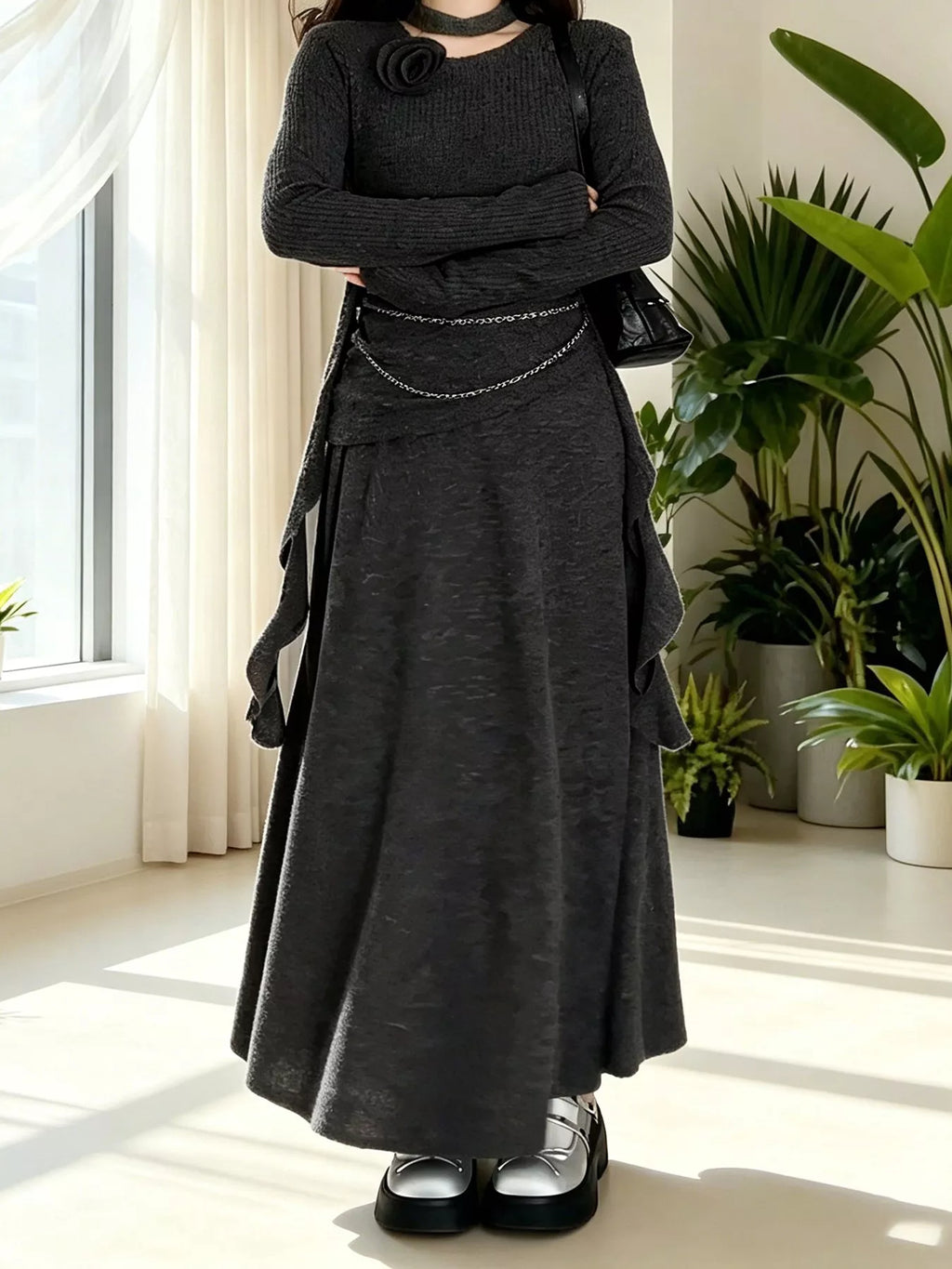 Ribbed Knit Long Sleeve Top and Skirt Set
