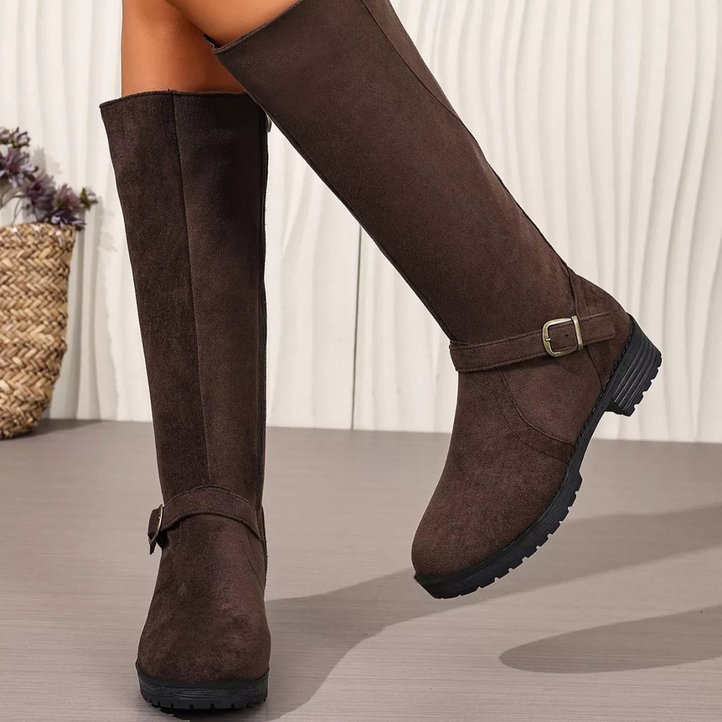Knee-High Suede Buckle Accent Boots