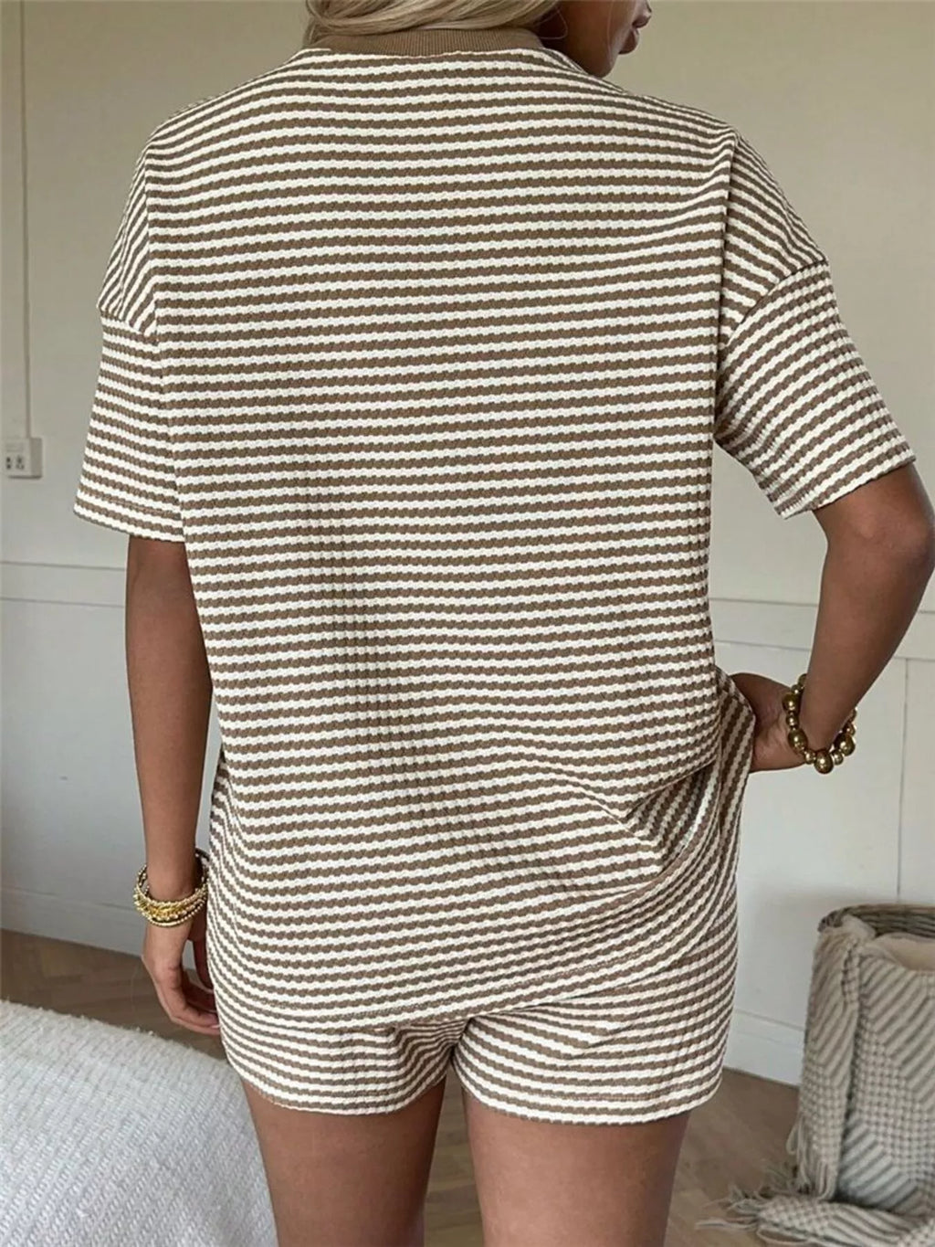 Striped Round Neck Tee and Shorts Set